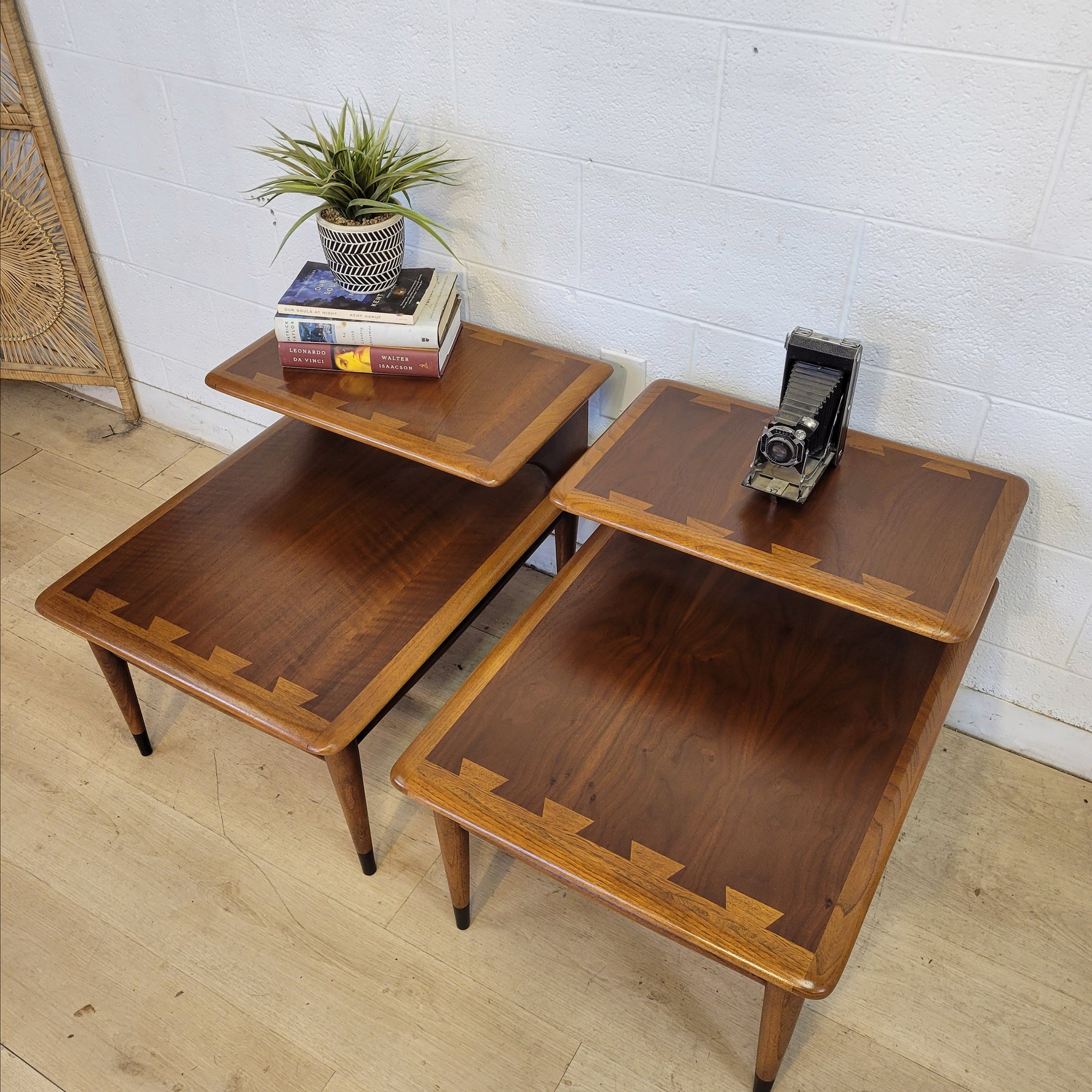 Vintage Lane Acclaim side tables with walnut grain and elm dovetail pattern, restored to like-new condition, styled with decor items.