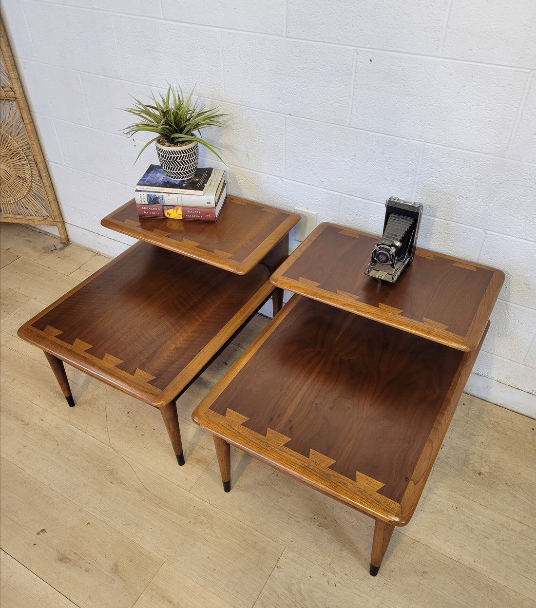 Vintage Lane Acclaim side tables with walnut grain and elm dovetail pattern, restored to like-new condition, styled with decor items.
